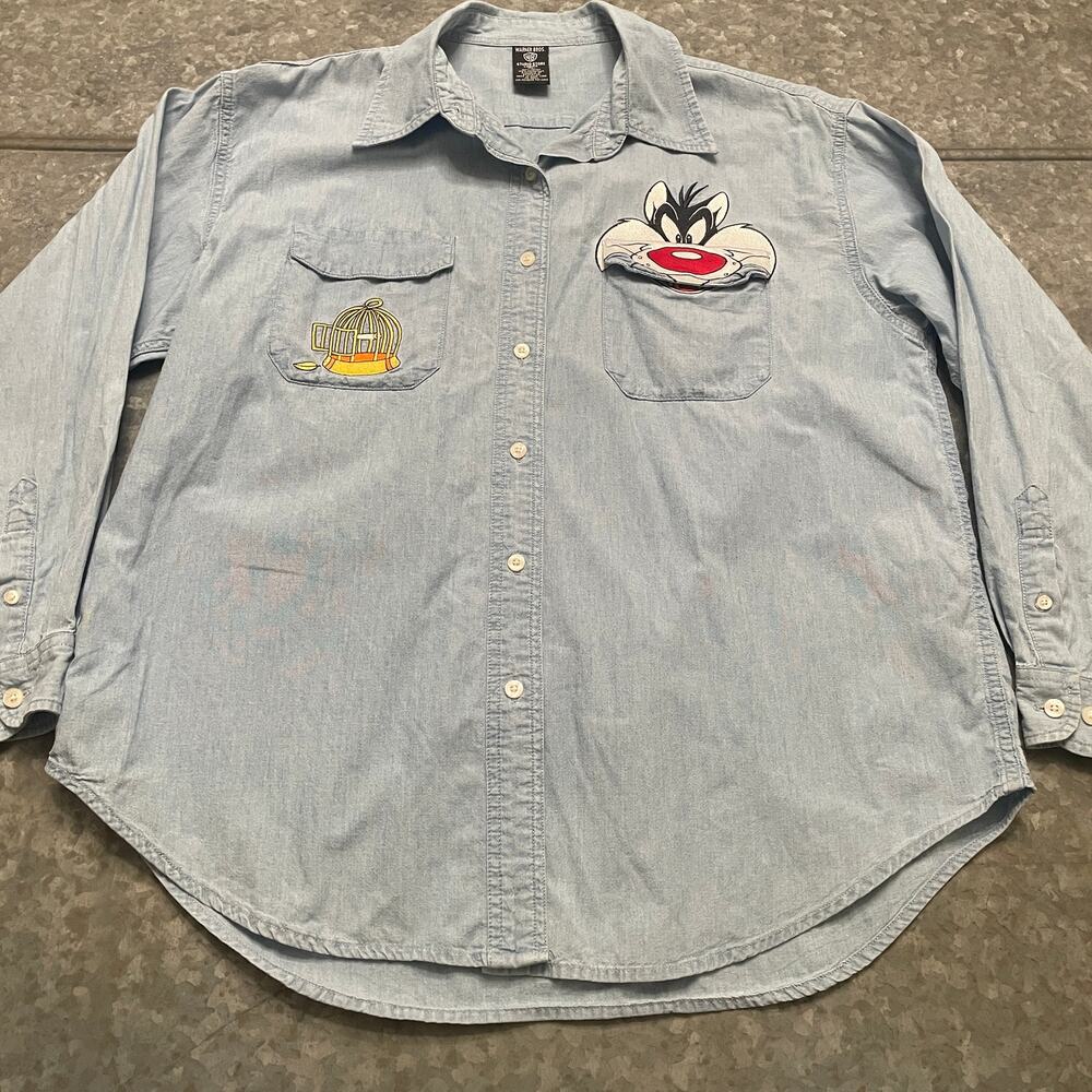 Vintage Sylvester Eating Tweety Bird Denim Button Shirt Womens XL Warner Bros